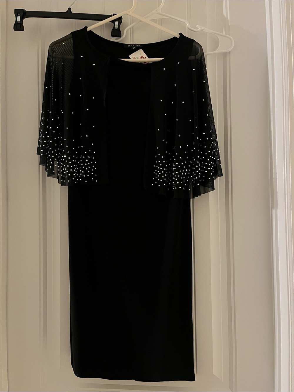 MARINA Black Evening Dress with Sheer Embellished Capelet